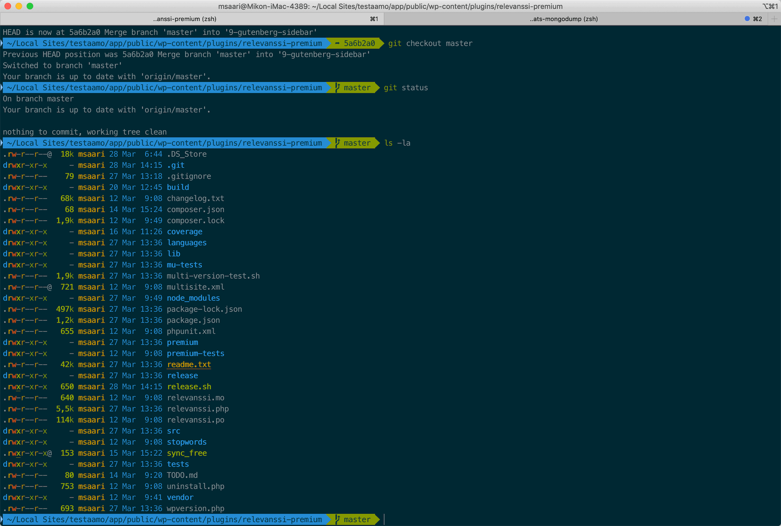 Tiedostolistaus iTerm 2 -terminaalissa