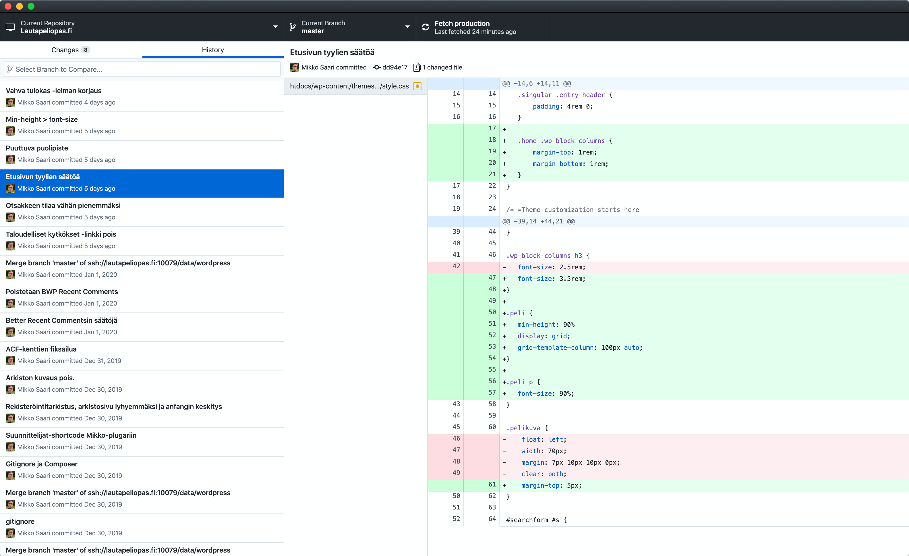 Github Desktop -ohjelmiston näkymä Lautapeliopas.fi:n tiedostojen muutoksiin.